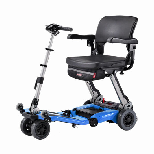 Luggie Super Foldable Mobility Scooter in blue with adjustable seat and easy maneuverability