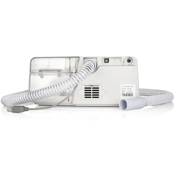 React Health Luna G3 BPAP 25A sleep therapy machine showing side view with attached tubing and power connector
