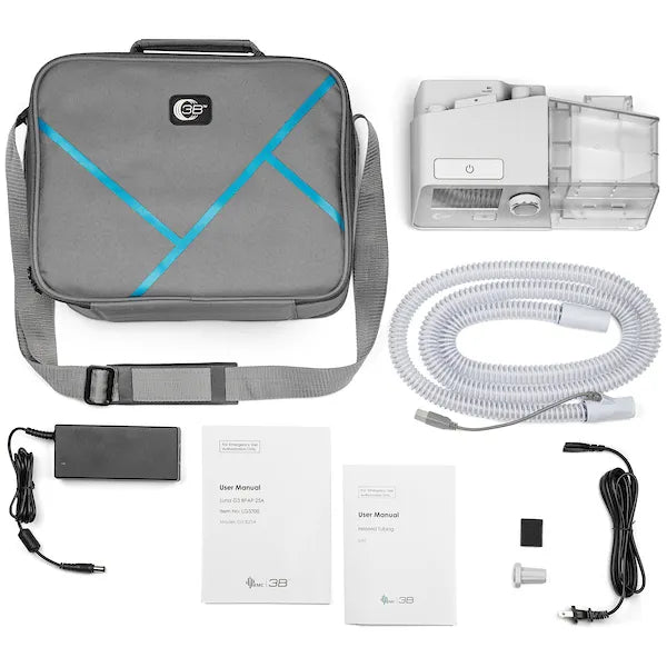 Luna G3 BPAP 25A complete therapy machine set including carrying case, tubing, power adapter, user manuals, and accessories