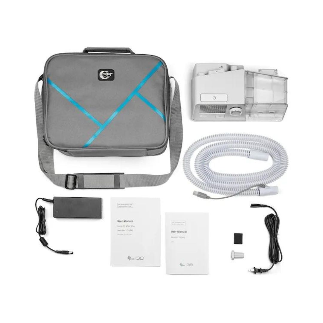React Health Luna G3 BPAP machine with carrying case, tubing, power adapter, manuals, and accessories
