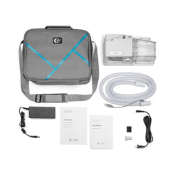 React Health Luna G3 BPAP machine with carrying case, tubing, power adapter, manuals, and accessories