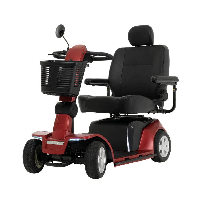 Pride Mobility Maxima 4-wheel Mobility Scooter in red with black cushioned seat and front basket