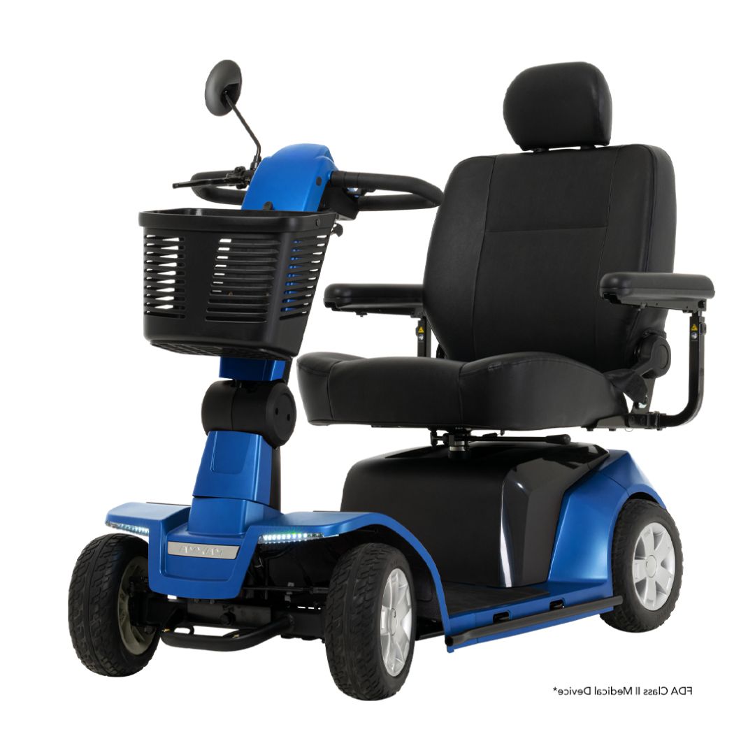 Pride Mobility Maxima 4 Wheel Mobility Scooter in blue with padded seat and front basket