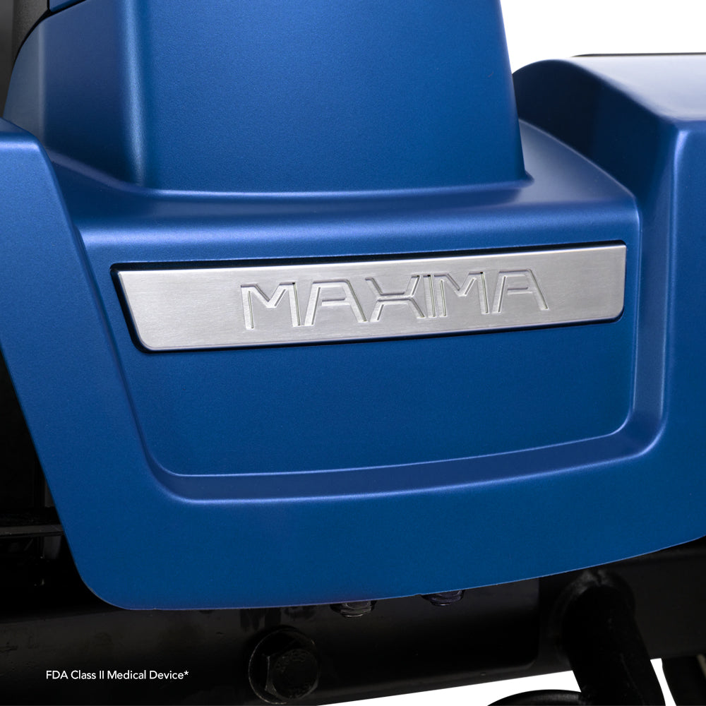 Close-up of Maxima 4 Wheel Mobility Scooter badge by Pride Mobility on blue body