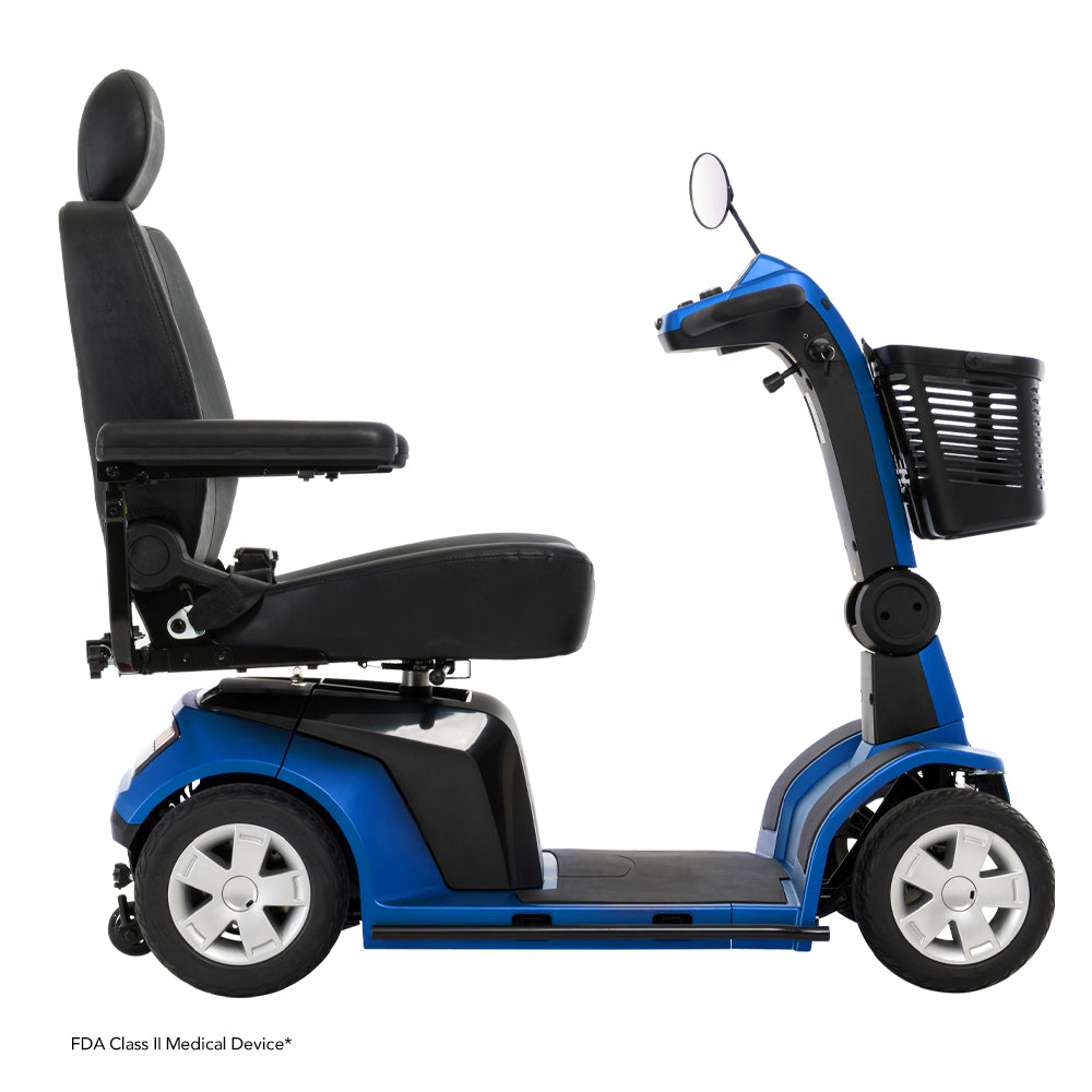 Pride Mobility Maxima 4 Wheel Mobility Scooter in blue with black seat and front basket