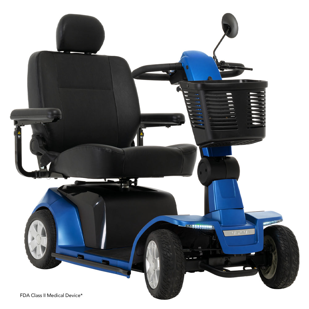 Pride Mobility Maxima 4-wheel Mobility Scooter in blue with comfortable cushioned seat and front storage basket