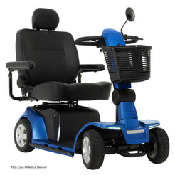 Pride Mobility Maxima 4-wheel Mobility Scooter in blue with comfortable cushioned seat and front storage basket