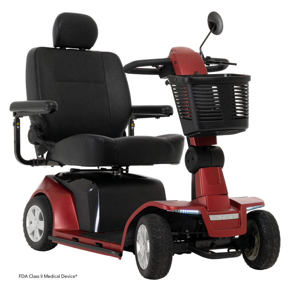 Pride Mobility Maxima 4 Wheel Mobility Scooter in red with black cushioned seat and front storage basket