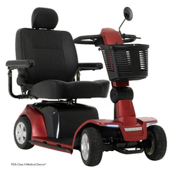 Pride Mobility Maxima 4 Wheel Mobility Scooter in red with black cushioned seat and front storage basket