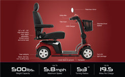 Pride Mobility Maxima 4 Wheel Mobility Scooter in red with high back adjustable seat and front basket