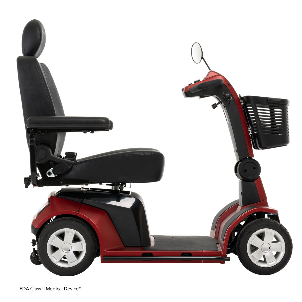 Pride Mobility Maxima 4-wheel Mobility Scooter in red with black seat and front basket