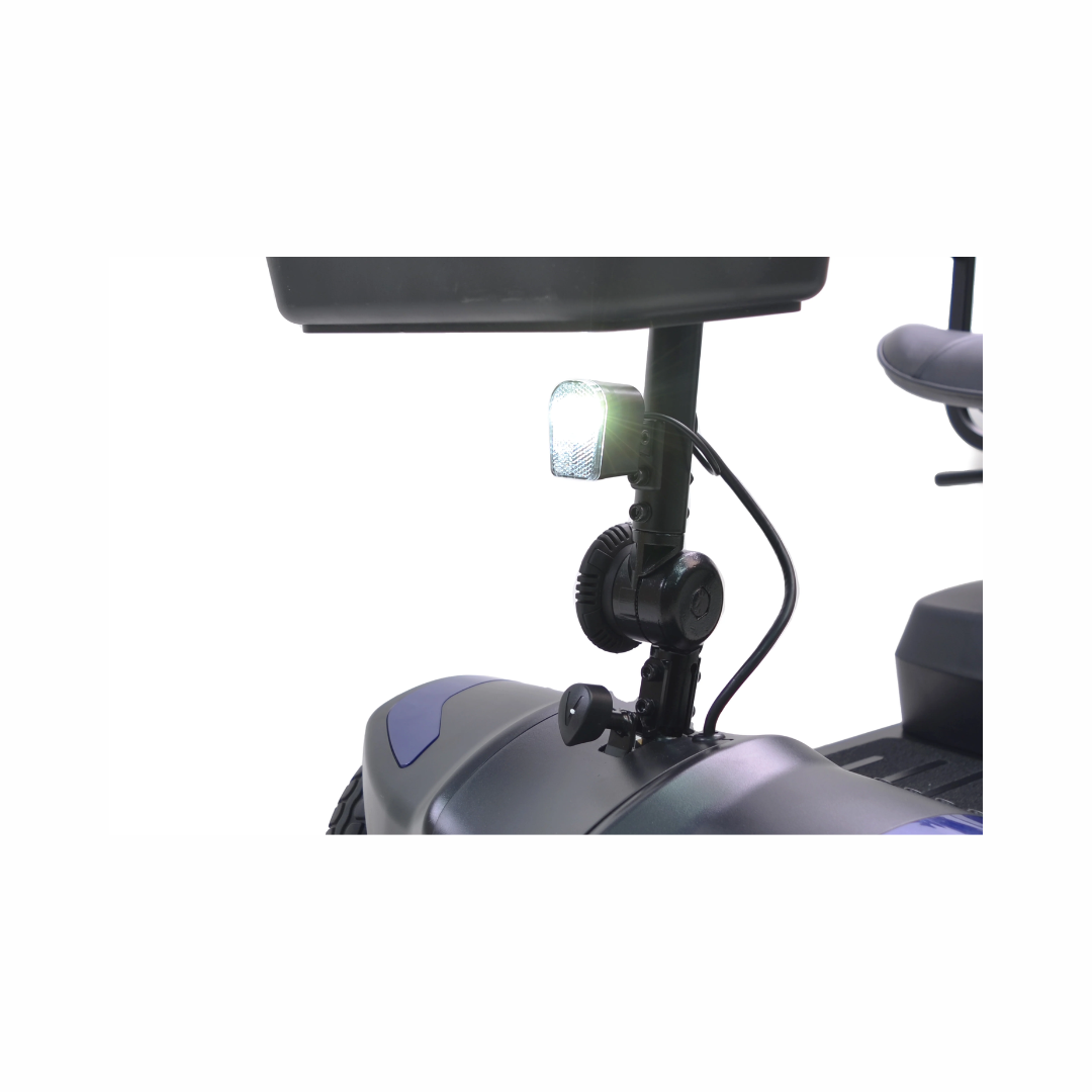 Close-up of Journey Adventure 4 Wheel Mobility Scooter with a mounted light for visibility