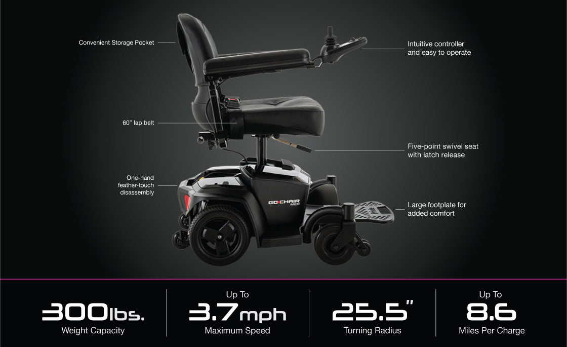 Pride Mobility Go Chair MED compact power wheelchair with intuitive controller and five-point swivel seat