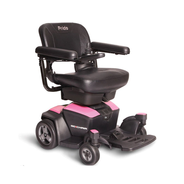 Pride Mobility Pride Go Chair electric wheelchair with black seat and pink accents designed for mobility assistance