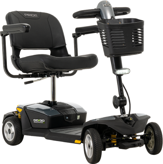 Pride Mobility Go Go Endurance Li 4 Wheel Travel Scooter with black seat and front basket