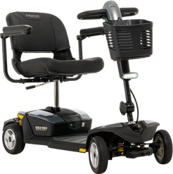 Pride Mobility Go Go Endurance Li 4 Wheel Travel Scooter with black seat and front basket