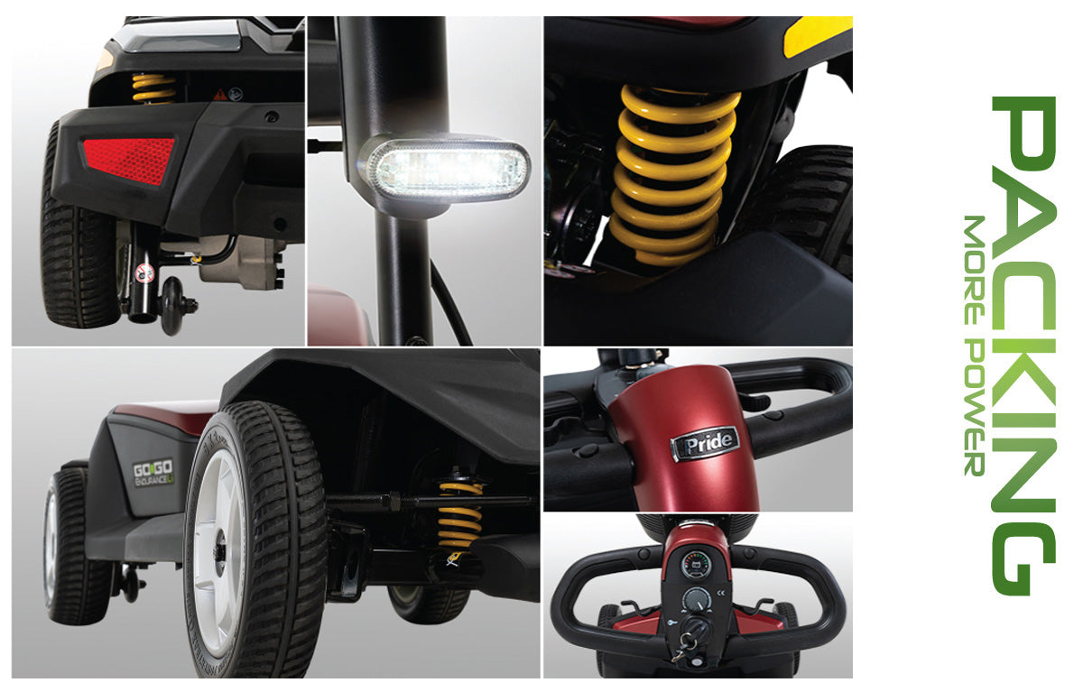 Pride Mobility Go Go Endurance Li 4 Wheel Travel Scooter close-up details showing tires, suspension, lights, and control panel