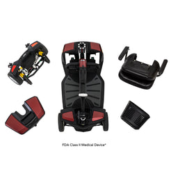 Disassembled Go Go Endurance Li 4 Wheel Travel Scooter by Pride Mobility with all parts laid out