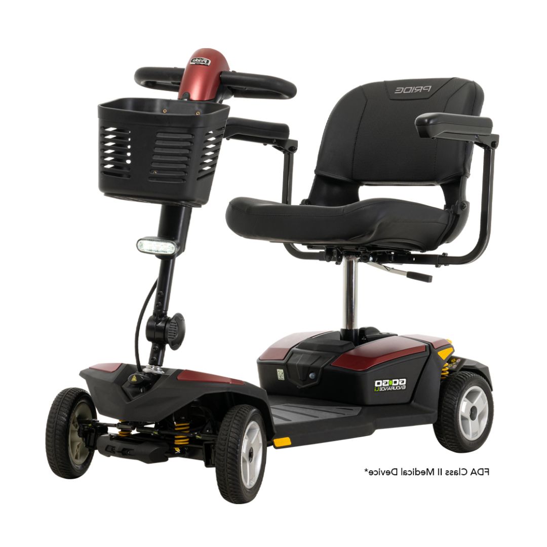 Pride Go Go Endurance Li 4 Wheel Travel Scooter with black seat and front basket