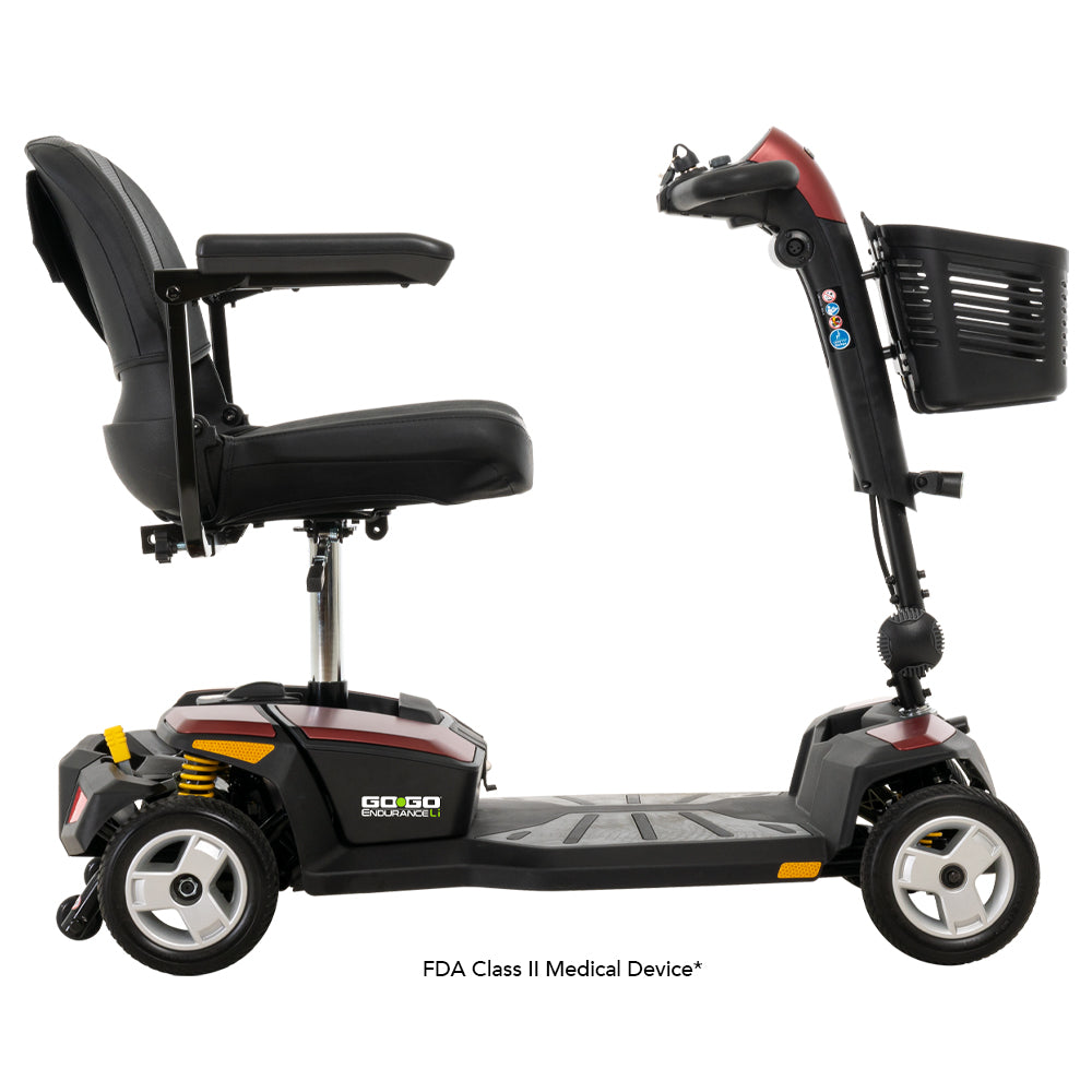 Pride Mobility Go Go Endurance Li 4 Wheel Travel Scooter with comfortable black seat and front basket