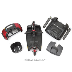 Disassembled Go Go Sport 3-Wheel Mobility Scooter by Pride Mobility showing seat, base, front section, basket, and battery