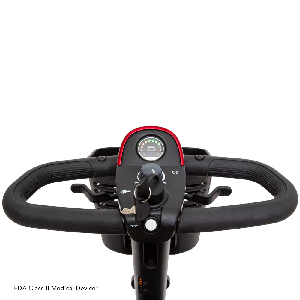 Handlebar and control panel of Pride Mobility Go Go Sport 3-Wheel Mobility Scooter with key inserted