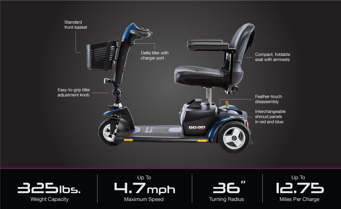 Pride Mobility Go Go Sport 3-Wheel Mobility Scooter with front basket and foldable seat with armrests