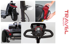 Detailed close-up views of Pride Mobility Go Go Sport 3-Wheel Mobility Scooter parts and features