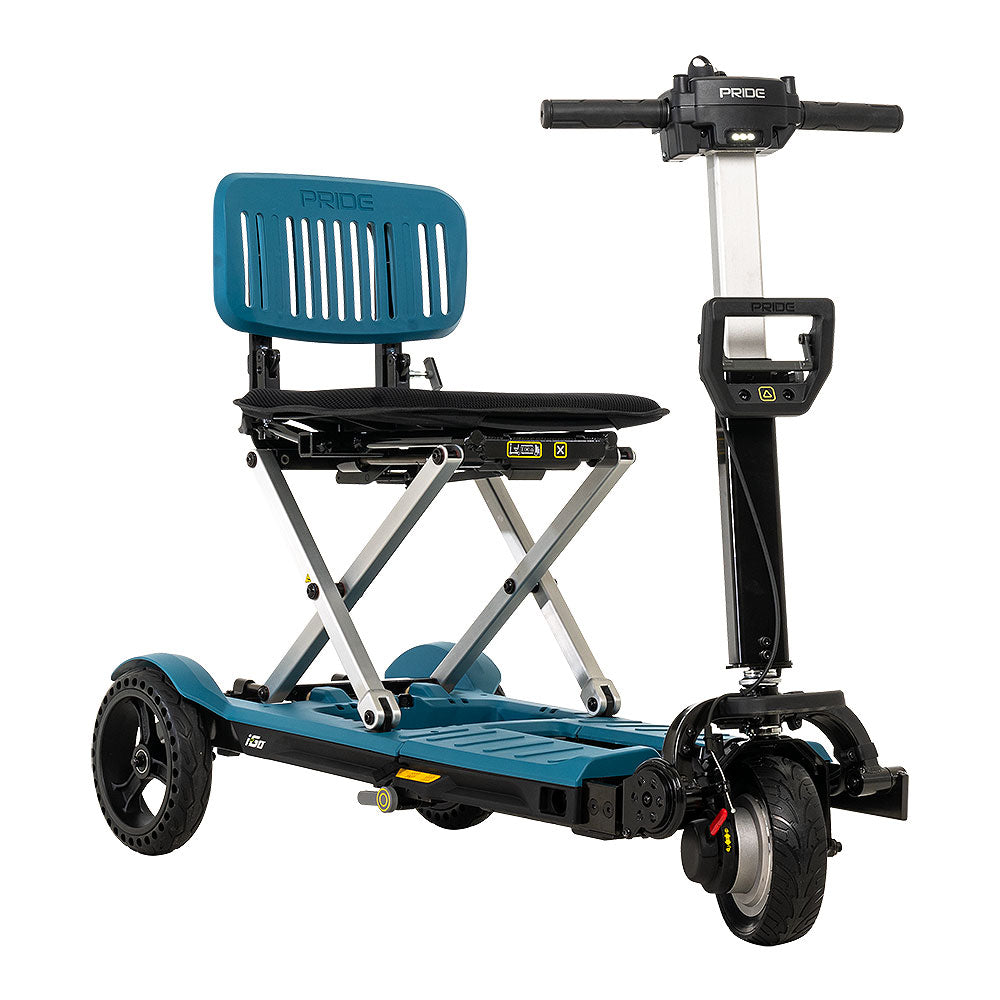 Pride Mobility i-Go 3 Wheel Folding Mobility Scooter in blue with foldable seat and compact design