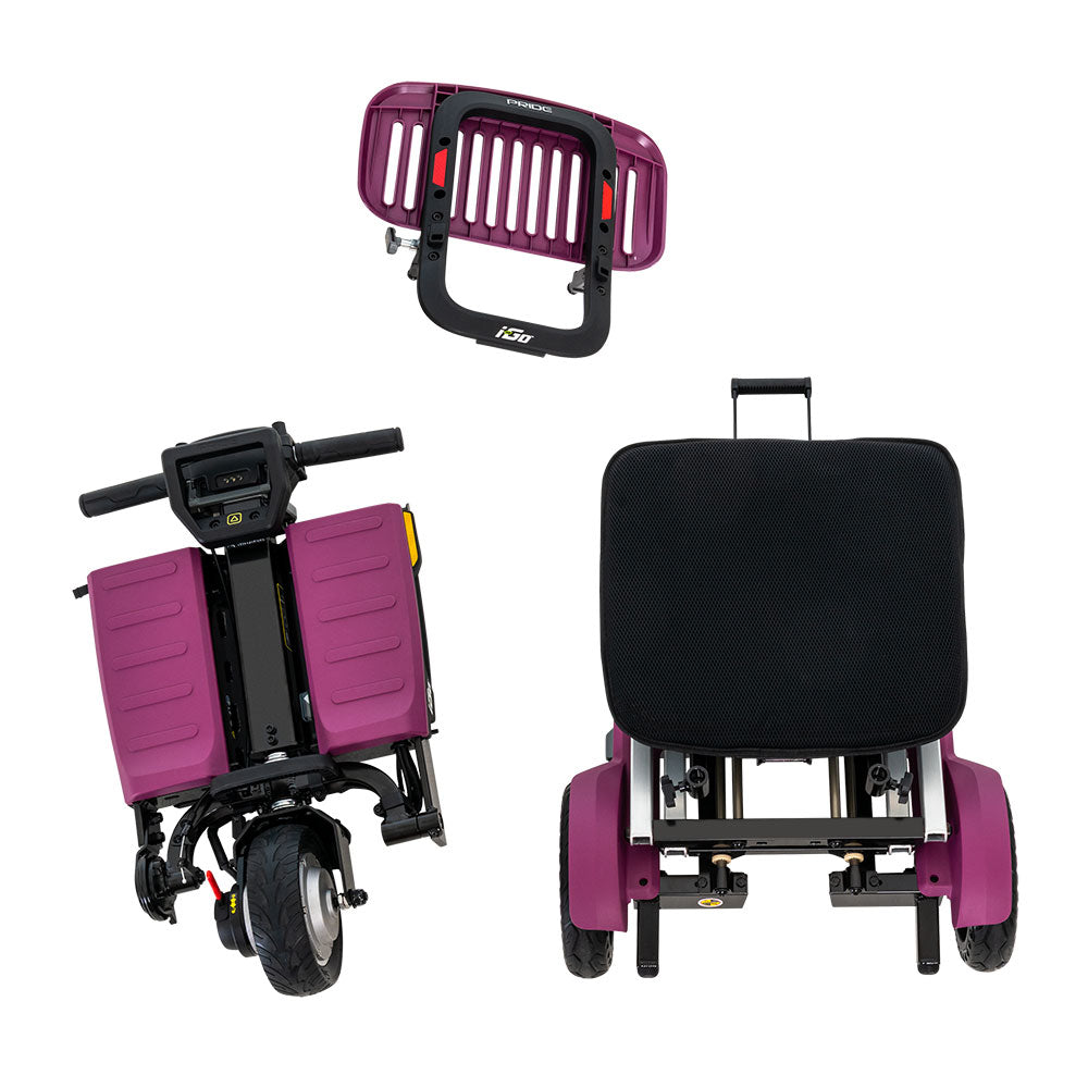 Folded i-Go 3 Wheel Folding Mobility Scooter by Pride Mobility in purple showing front, back, & seat frame