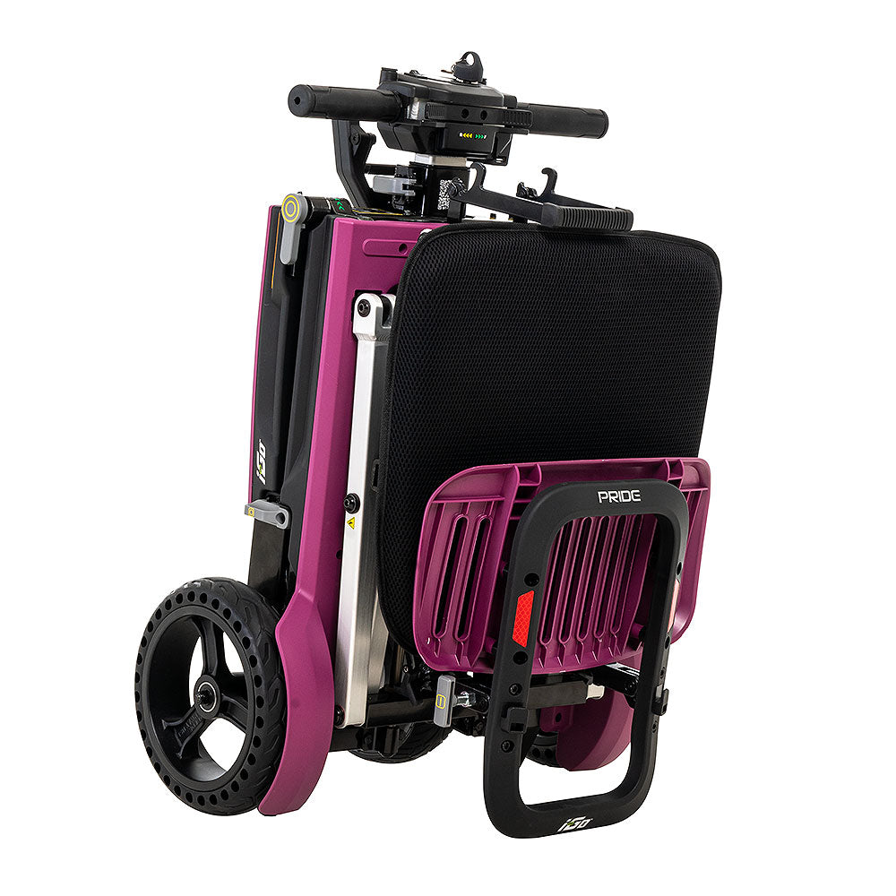 Folded i-Go 3 Wheel Folding Mobility Scooter by Pride Mobility in purple and black