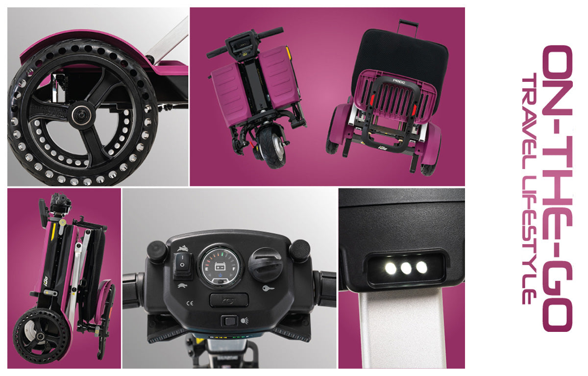 Pride i-Go 3 Wheel Folding Mobility Scooter detailed views including wheels, folded scooter, control panel, & LED lights