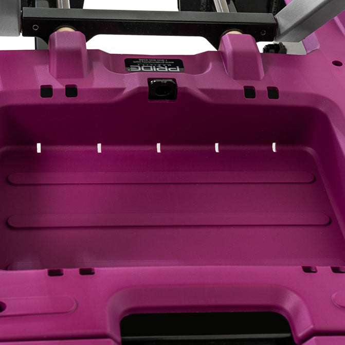 Close-up of footrest area on Pride Mobility i-Go 3 Wheel Folding Mobility Scooter in purple