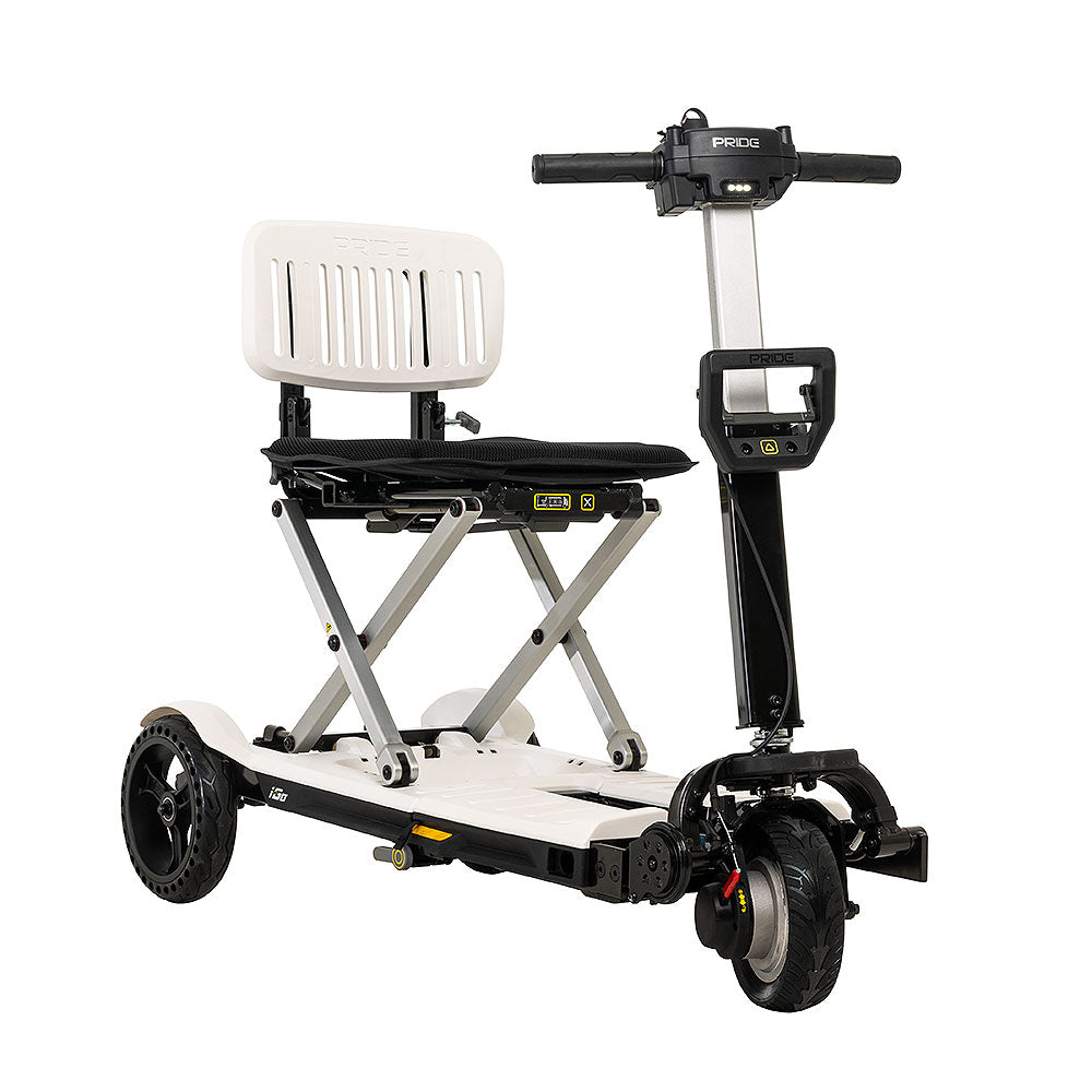 Pride Mobility i-Go 3 Wheel Folding Mobility Scooter in white with black seat and handlebars
