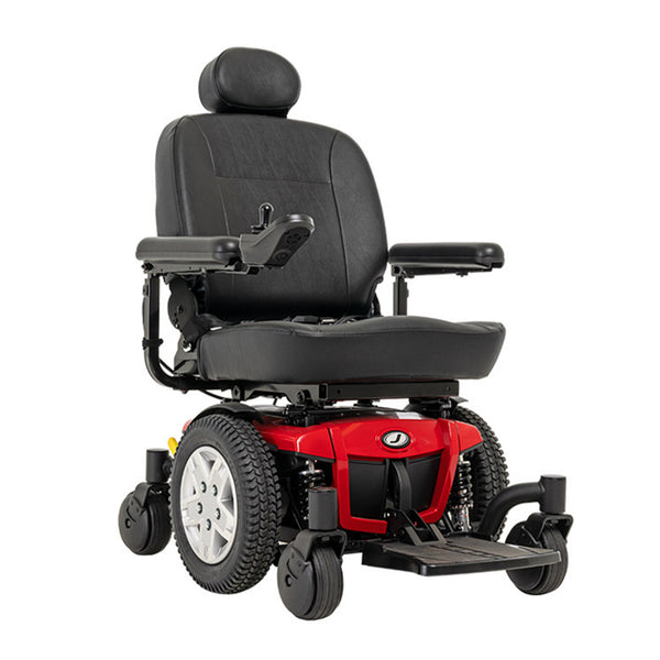 Pride Jazzy 600 ES Power Chair with black padded seat and red base for enhanced mobility and comfort