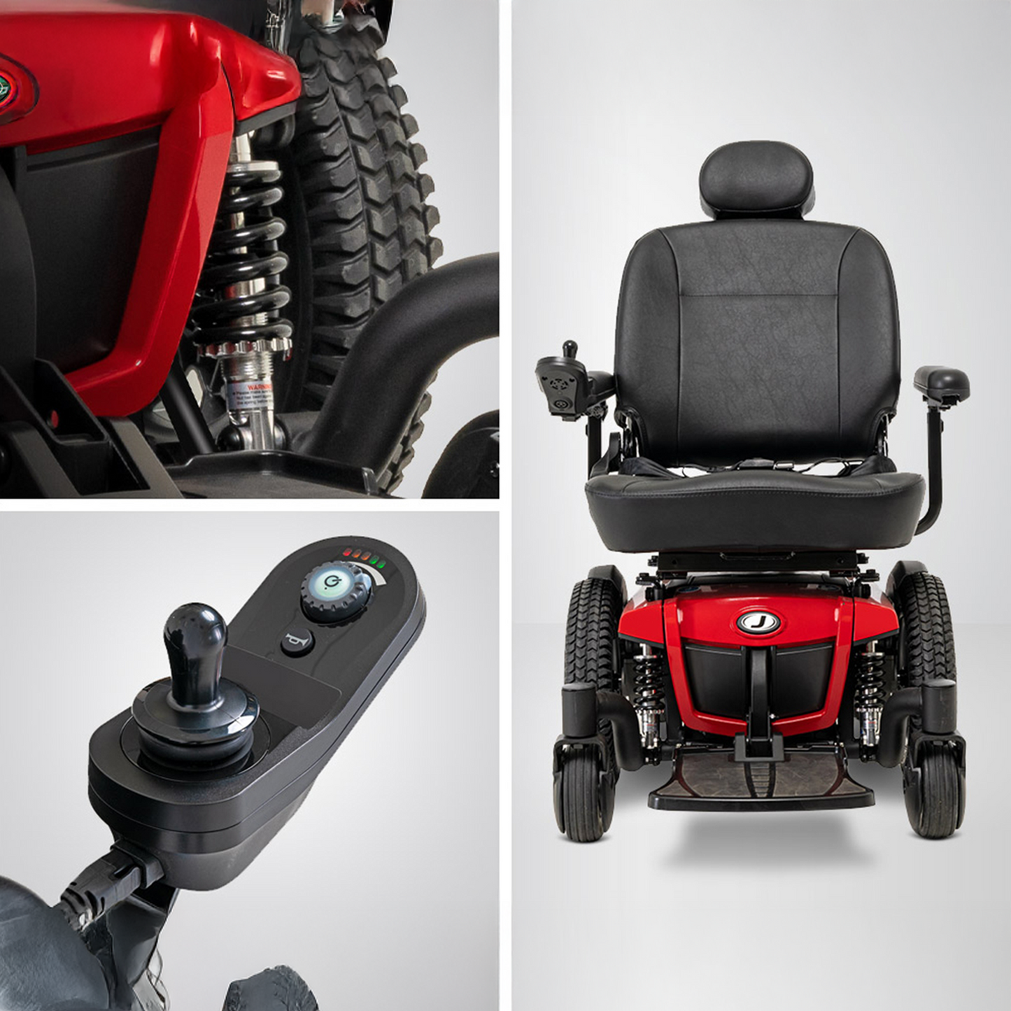 Pride Jazzy 600 ES Power Chair in red with black leather seat and joystick control by Pride Mobility