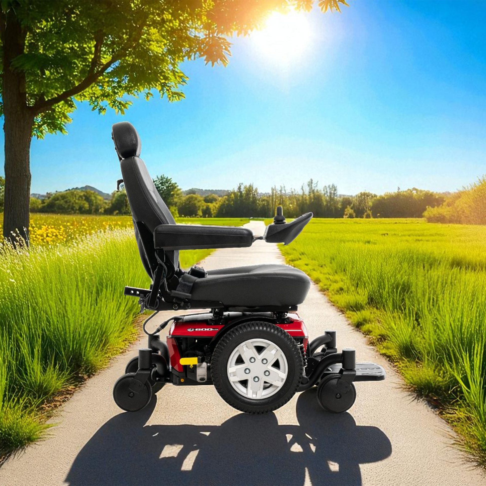 Pride Jazzy 600 ES Power Chair in black and red on a sunny outdoor path with green grass