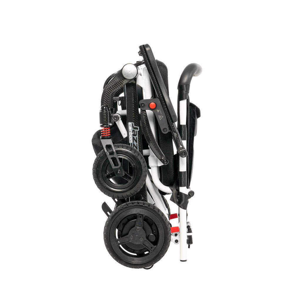 Folded Pride Jazzy Carbon lightweight electric wheelchair with black and white frame