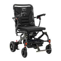 Pride Jazzy Carbon lightweight electric wheelchair with black cushioned seat and joystick control