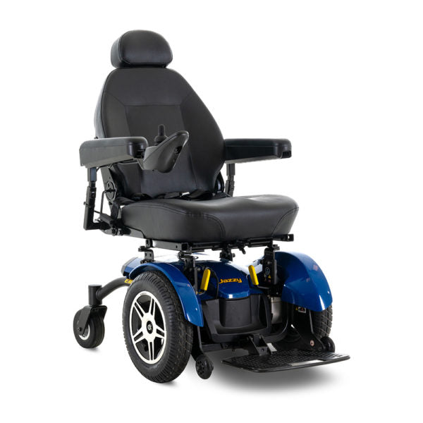Pride Jazzy Elite 14 Full Size Power Chair with black leather seat and blue frame by Pride Mobility