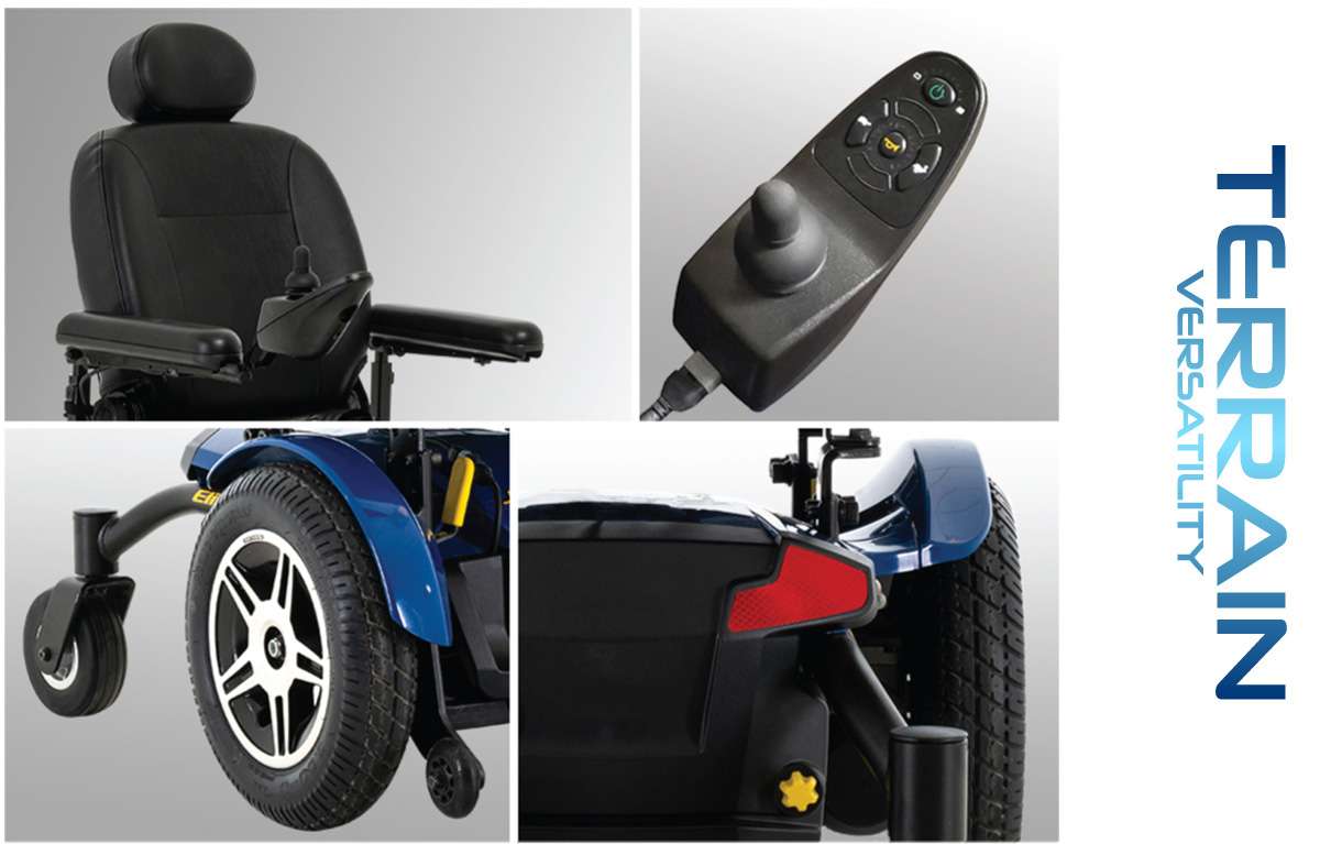 Pride Jazzy Elite 14 Full Size Power Chair showing seat, joystick control, rear and side wheels with terrain versatility feature