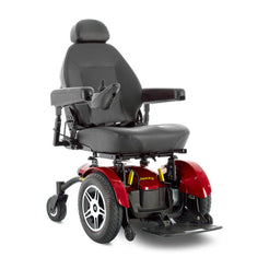 Pride Jazzy Elite 14 Full Size Power Chair in red with black cushioned seat and adjustable armrests