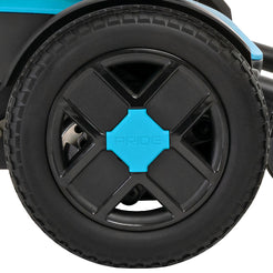 Close-up of black and blue wheel on Pride Jazzy EVO 613 power wheelchair by Pride Mobility