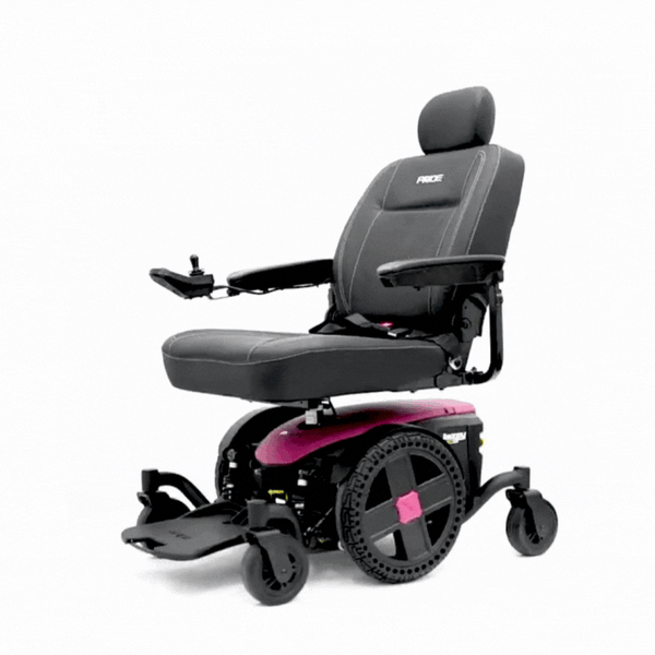 Pride Jazzy EVO 614 electric wheelchair with padded seat, adjustable armrests, and black and purple frame