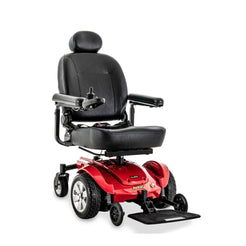 Pride Jazzy Select Power Chair in red with black cushioned seat and adjustable armrests