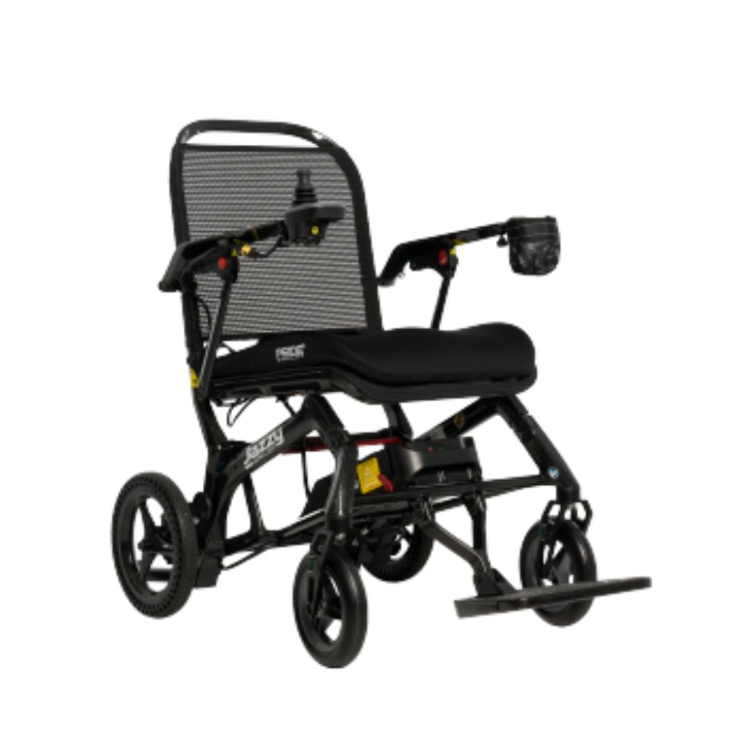 Pride Mobility Jazzy Ultra Light Carbon Fiber Foldable Power Chair with a sleek black design