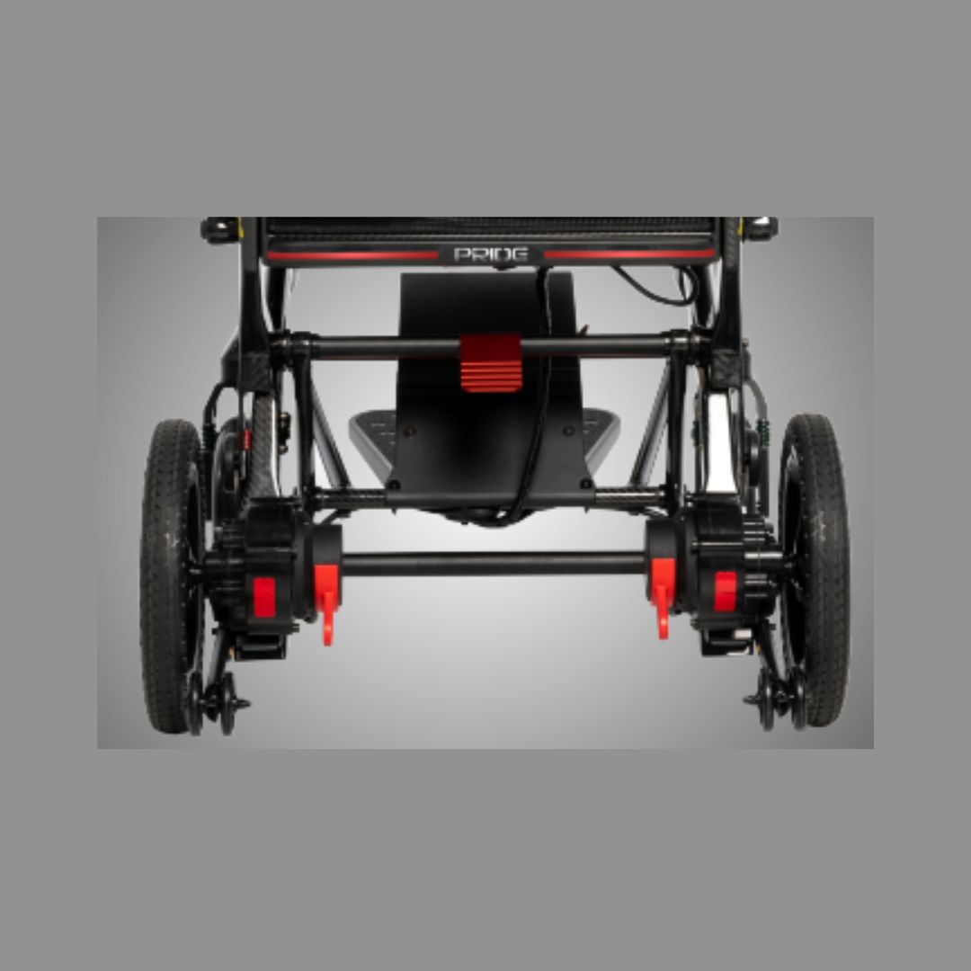 Pride Mobility Jazzy Ultra Light Carbon Fiber Foldable Power Chair rear view showcasing wheel design