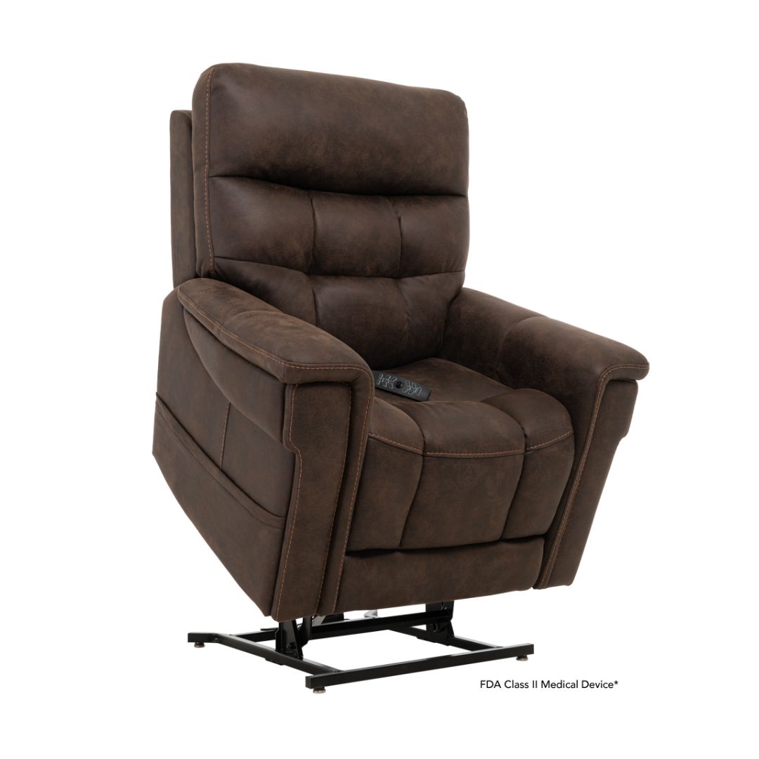 Pride Mobility VivaLift Radiance PLR3955PW brown lift chair with cushioned armrests and remote control