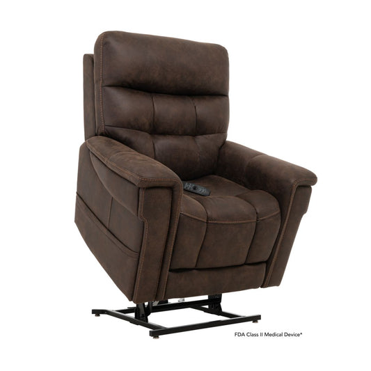 Pride Mobility VivaLift Radiance PLR3955PW brown lift chair with cushioned armrests and remote control