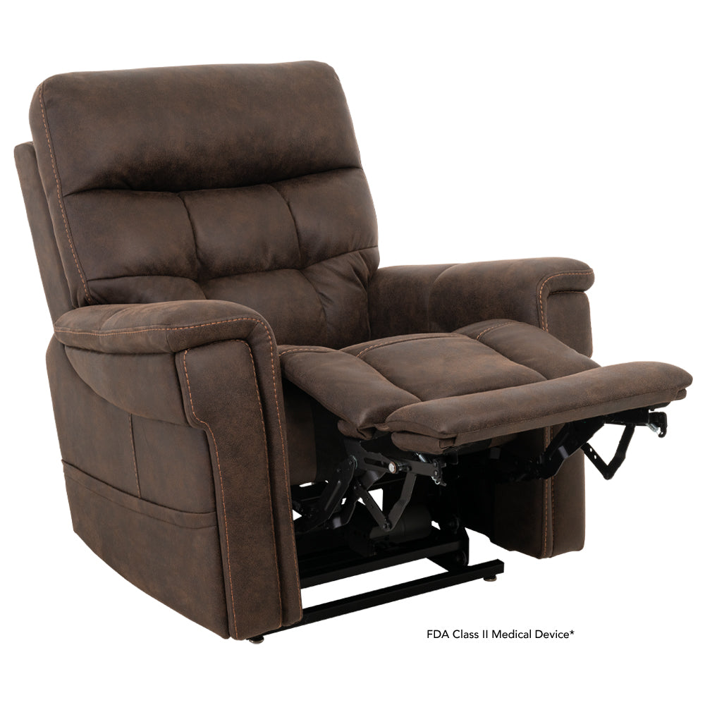 Pride Mobility VivaLift Radiance PLR3955PW brown power lift recliner chair with padded armrests and footrest
